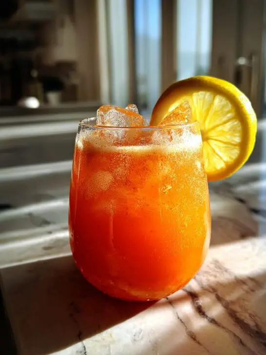 Carrot Ginger Cooler Mocktail – Earthy carrot juice with zesty ginger and lemon over ice.