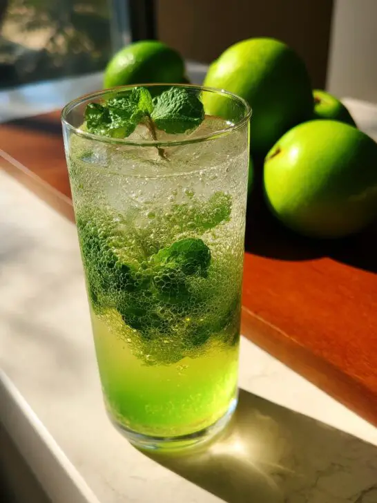 Green Apple Mint Mocktail – Tart green apple juice balanced with fresh mint and soda.