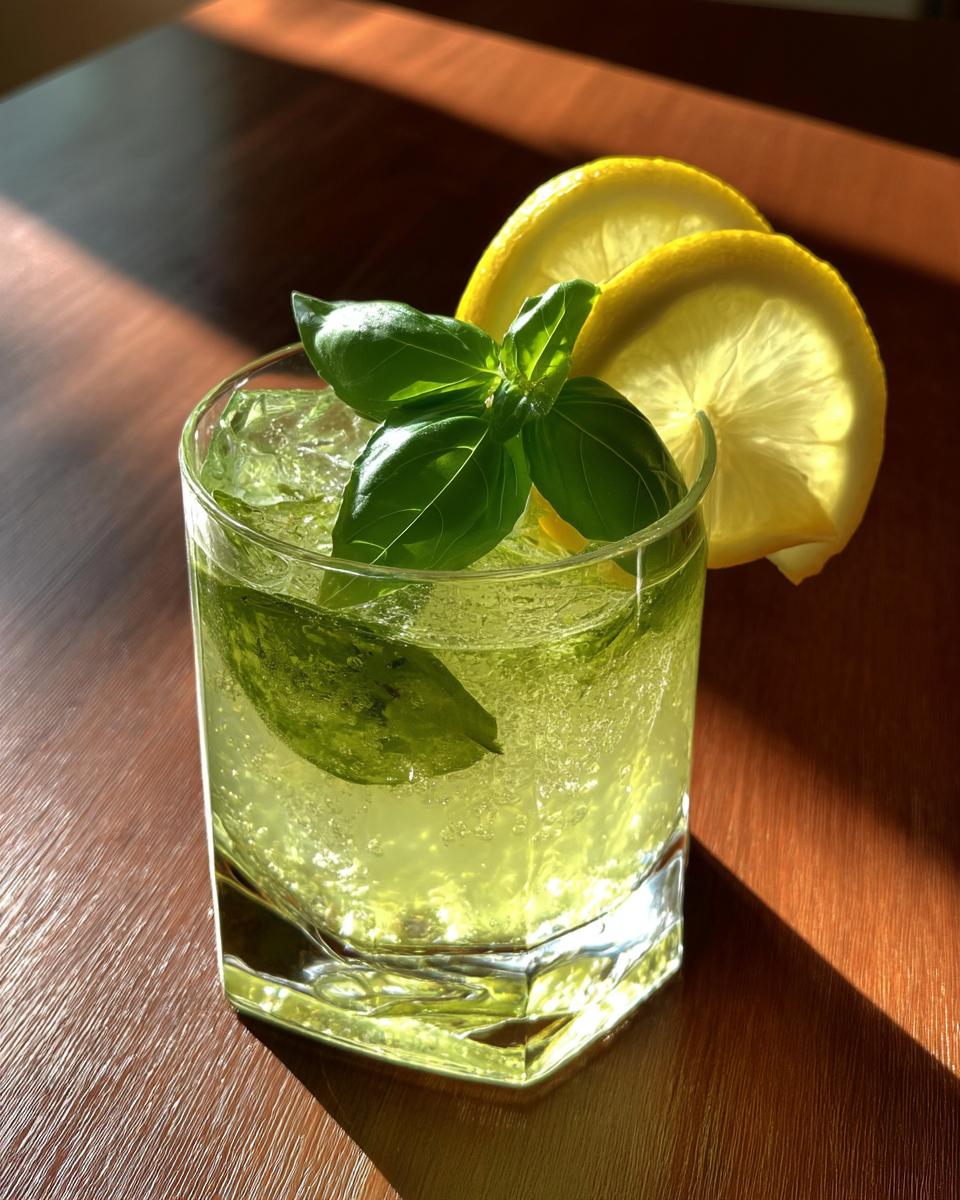 Herbal Gin Basil Smash Cocktail with Fresh Lemon and Basil - detail 1