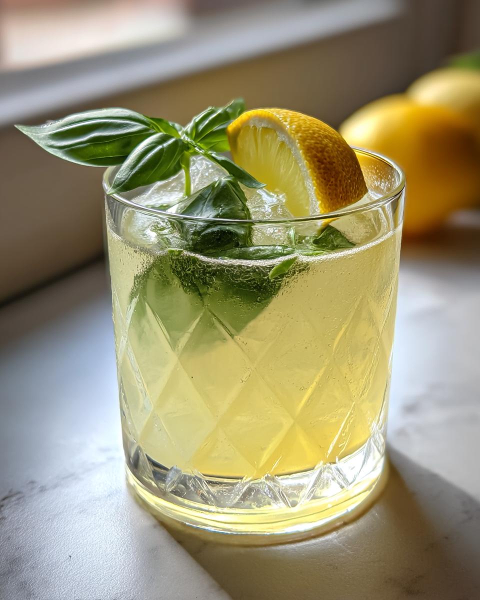 Herbal Gin Basil Smash Cocktail with Fresh Lemon and Basil - detail 2