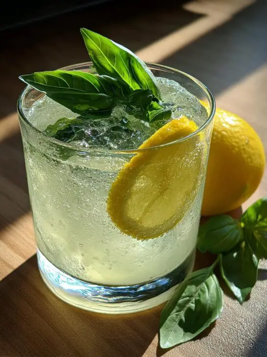 Herbal Gin Basil Smash Cocktail with Fresh Lemon and Basil