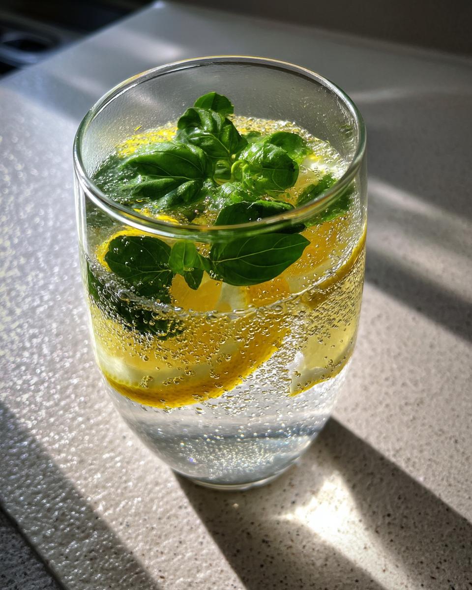 Lemon Basil Bliss Mocktail – Lemon juice and fresh basil syrup shaken with ice and soda. - detail 1