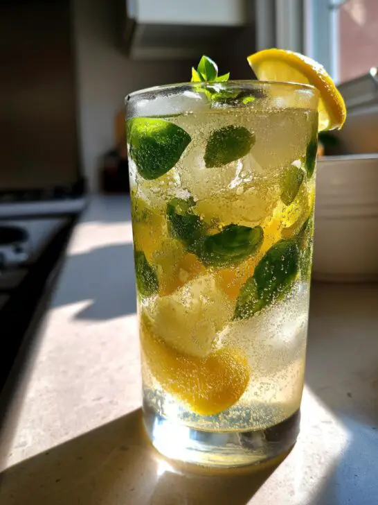 Lemon Basil Bliss Mocktail – Lemon juice and fresh basil syrup shaken with ice and soda.