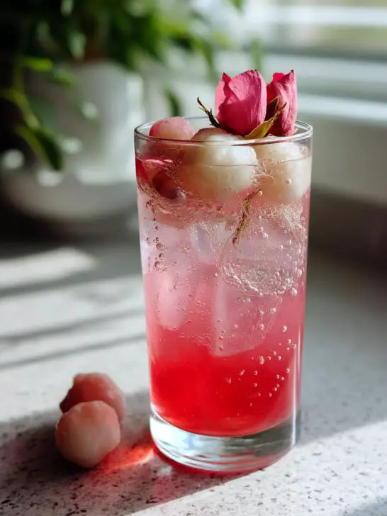 Lychee Rose Blossom Mocktail – Sweet lychee juice and fragrant rose syrup with lime and soda.
