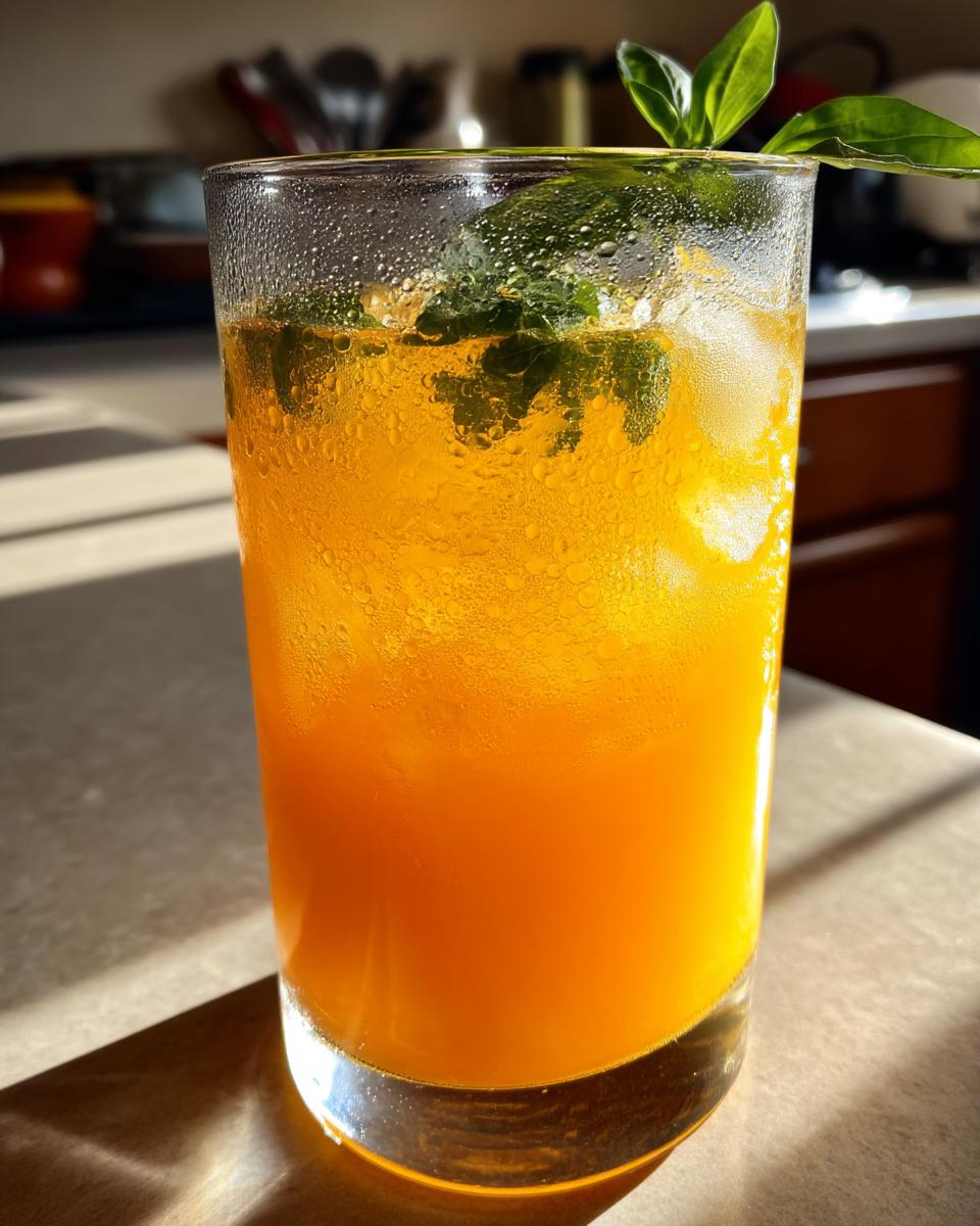 Peach Basil Refresher Mocktail – Juicy peach nectar and fragrant basil shaken with lemon juice and bubbles. - detail 1