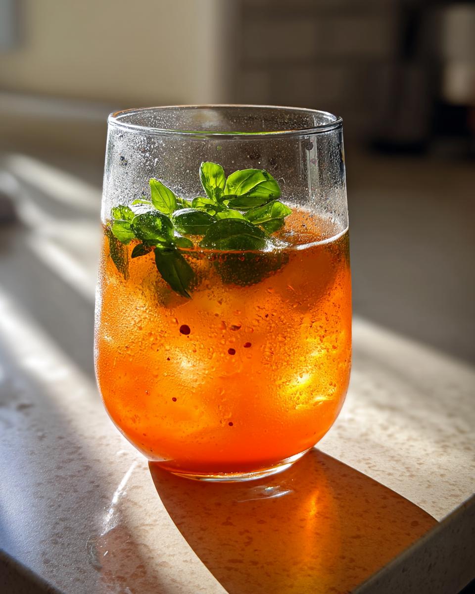 Peach Basil Refresher Mocktail – Juicy peach nectar and fragrant basil shaken with lemon juice and bubbles. - detail 3