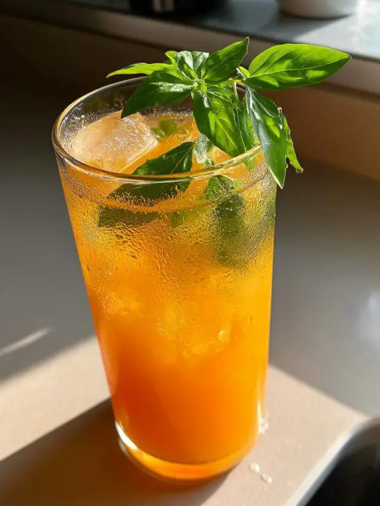 Peach Basil Refresher Mocktail – Juicy peach nectar and fragrant basil shaken with lemon juice and bubbles.