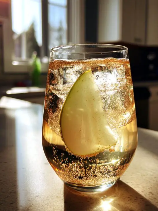 Pear Vanilla Sparkler Mocktail – Juicy pear juice and vanilla syrup with a fizzy soda top.