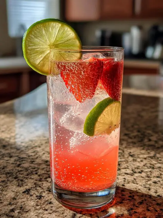 Strawberry Lime Sparkler Mocktail – Fresh strawberry puree mixed with lime juice and soda water.