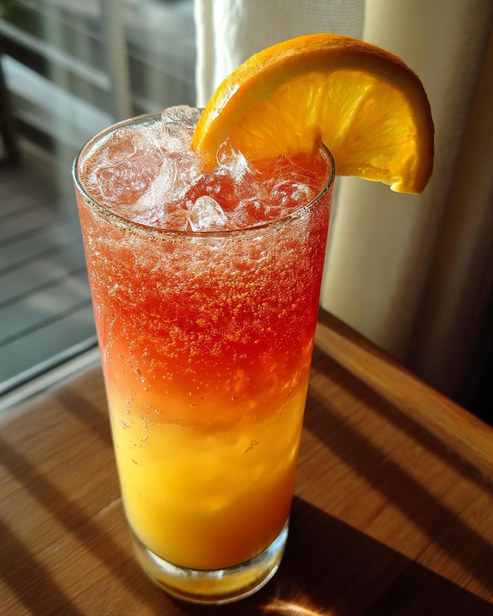 Sunrise Sparkler Mocktail – A vibrant layered drink featuring orange juice and grenadine for a sunrise effect. - detail 1