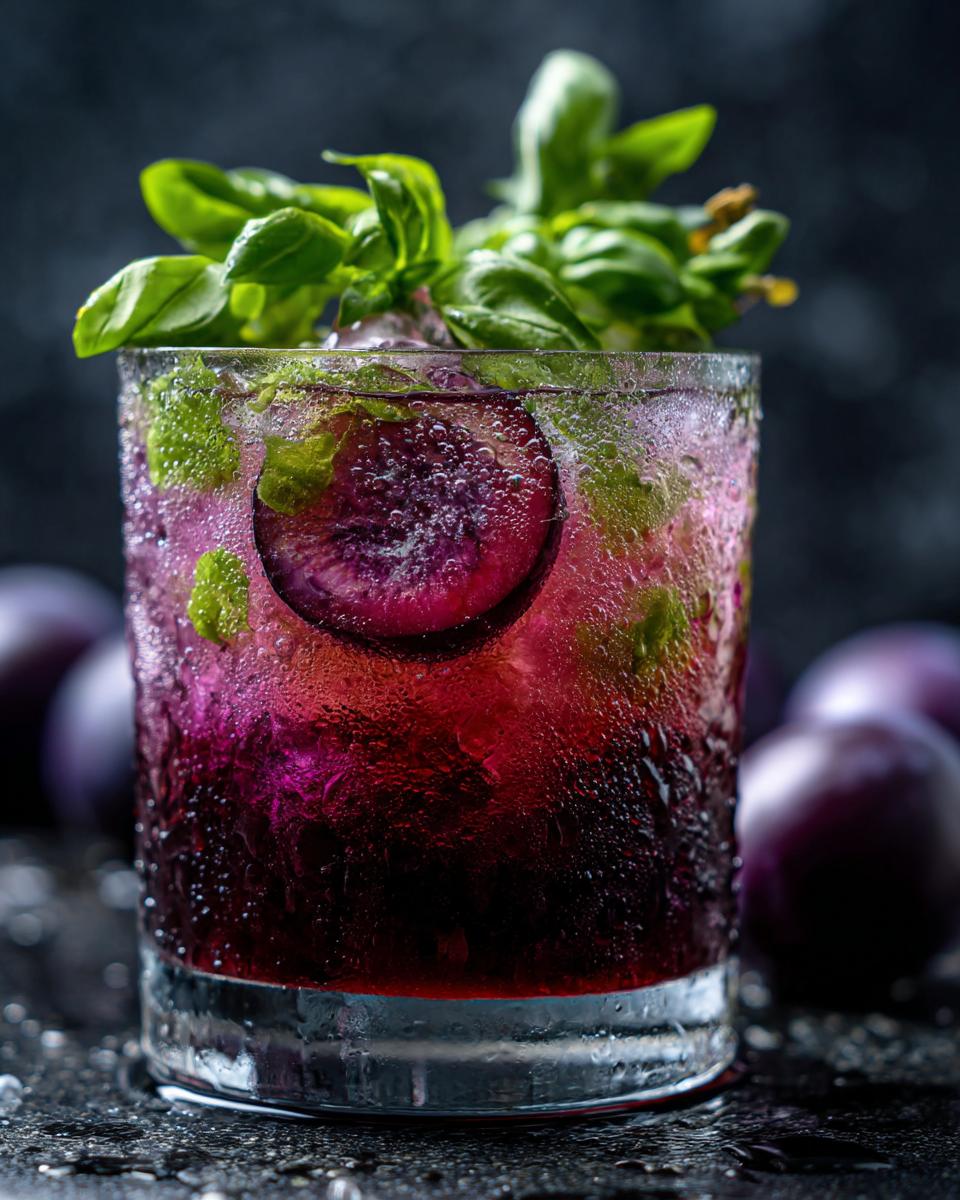 Plum Basil Bourbon Sour Cocktail - detail 1