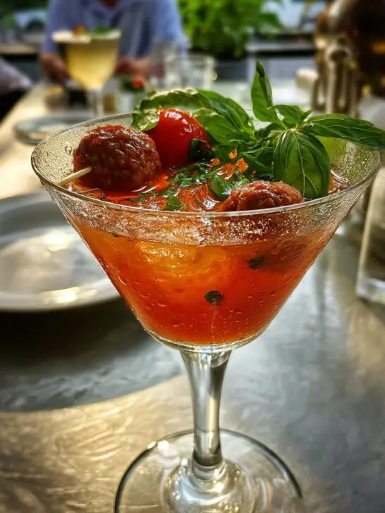 Savory Meatball Martini Shot with Tomato-Infused Vodka