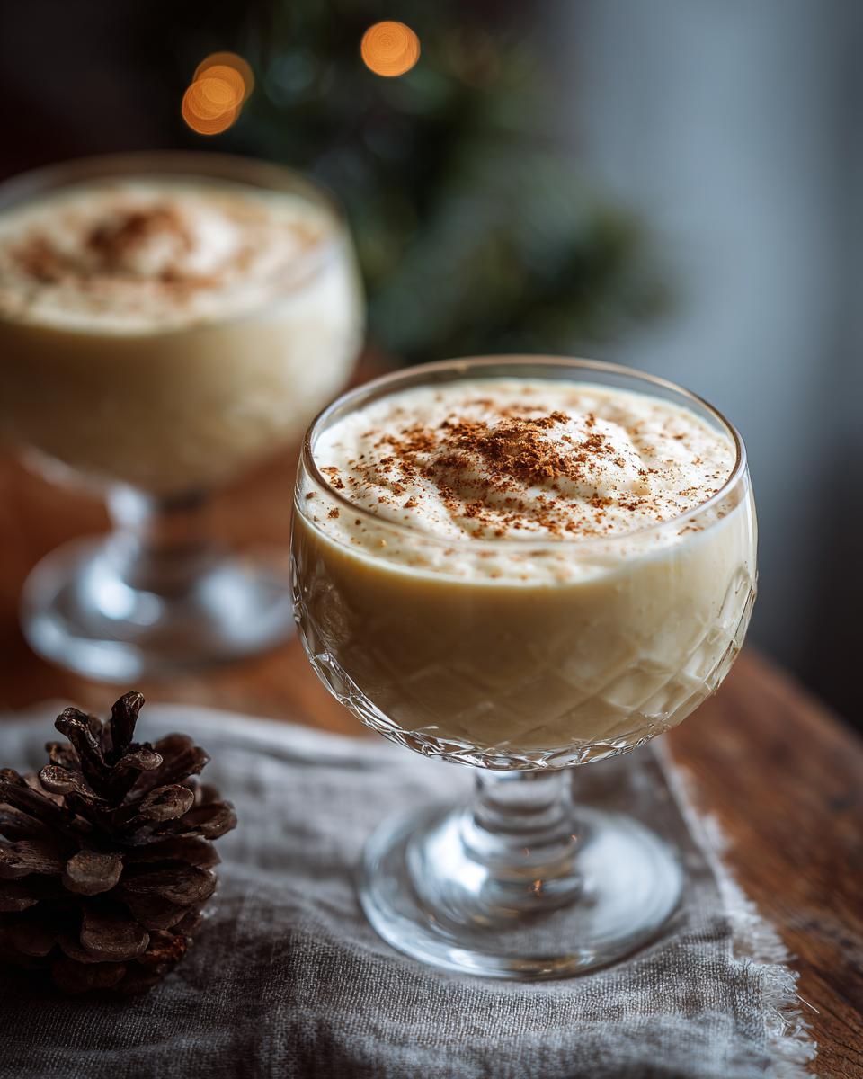 Close-up of a festive glass filled with creamy Christmas Classic Eggnog, topped with a sprinkle of cinnamon.
