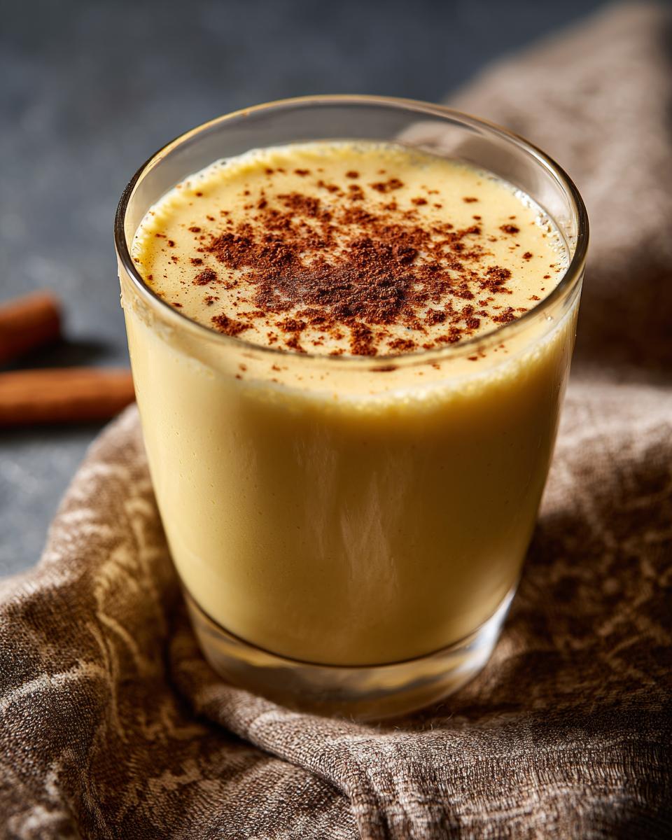 A close-up of a glass filled with creamy Christmas Classic Eggnog, dusted with cinnamon.