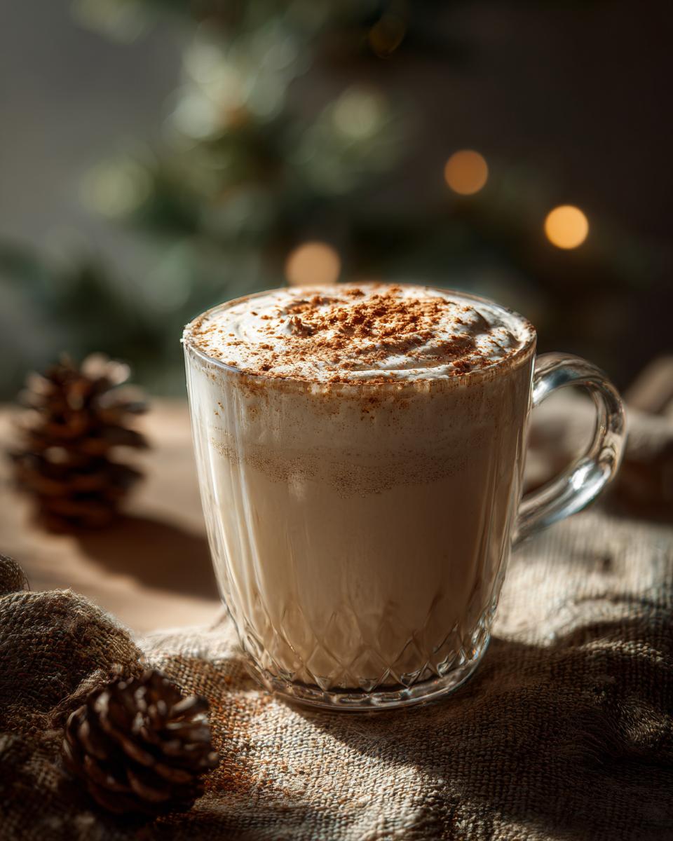 A festive glass mug filled with creamy Christmas Classic Eggnog, topped with whipped cream and a sprinkle of cinnamon.