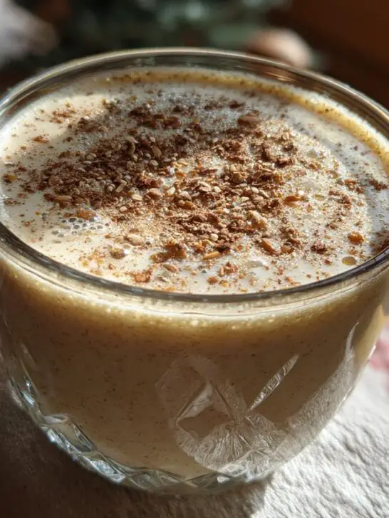 A festive glass of Christmas Classic Eggnog, topped with frothy foam and a sprinkle of nutmeg.