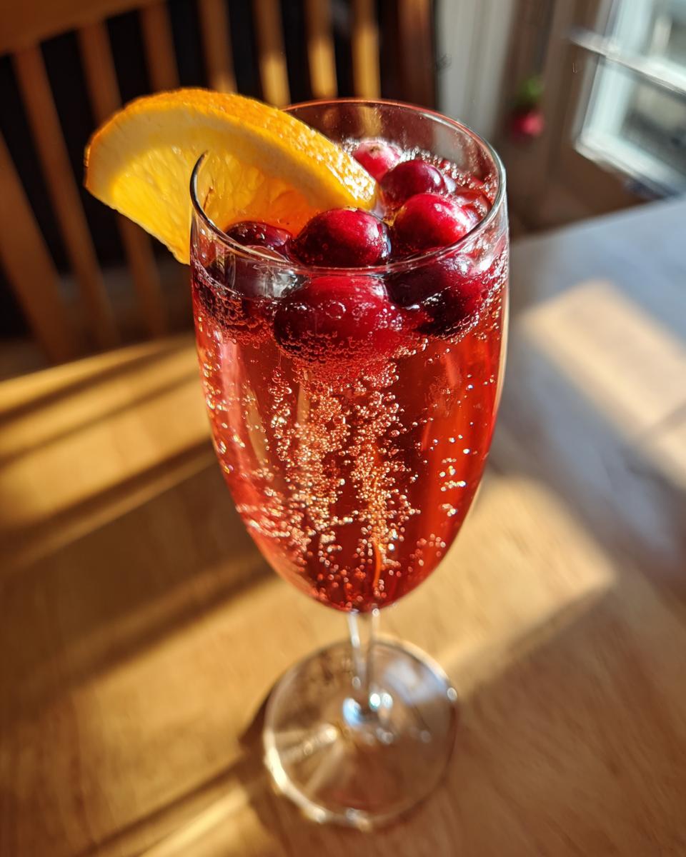 A close-up of a Christmas Cranberry Mimosa, garnished with fresh cranberries and an orange slice, with bubbles rising.
