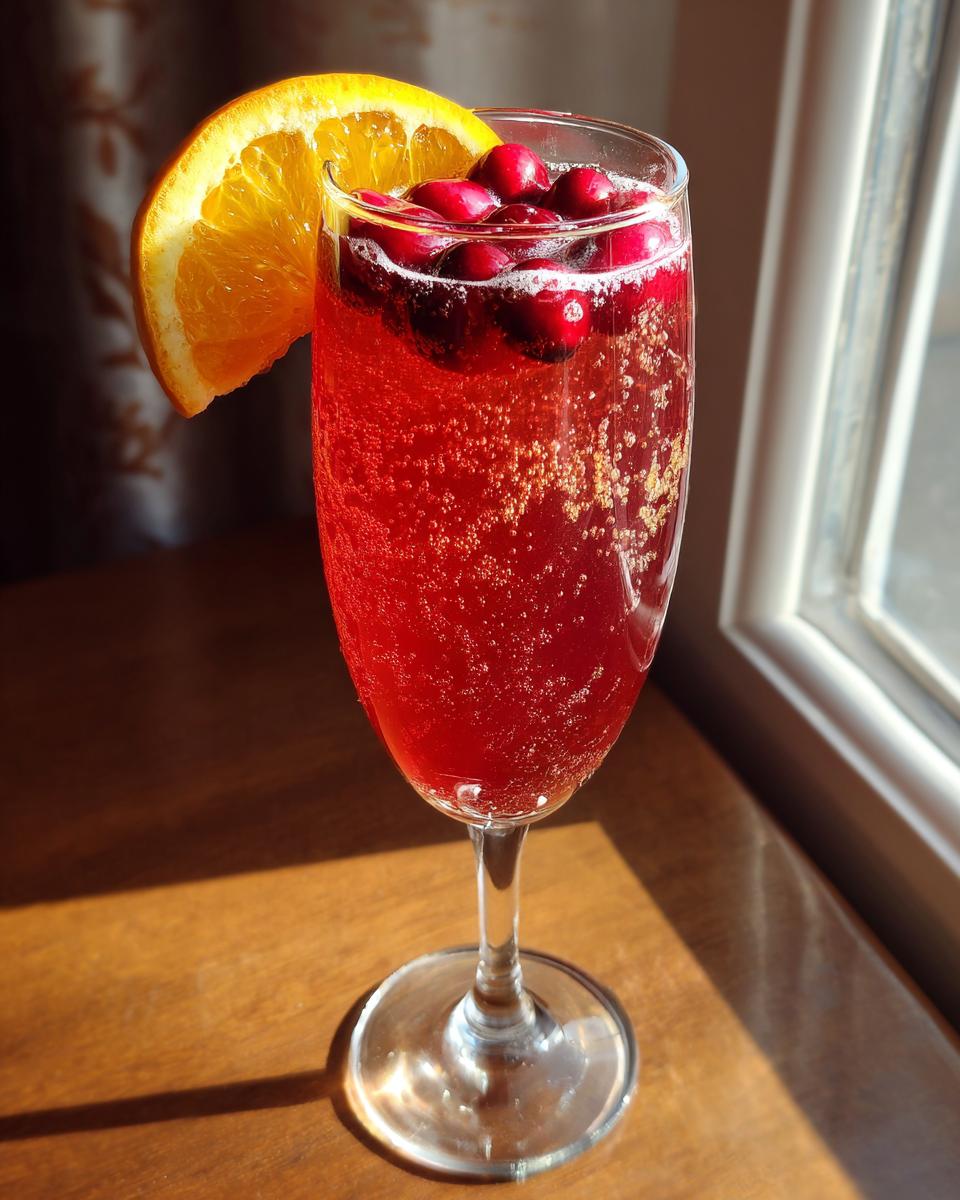 A festive Christmas Cranberry Mimosa in a champagne flute, garnished with cranberries and an orange slice.