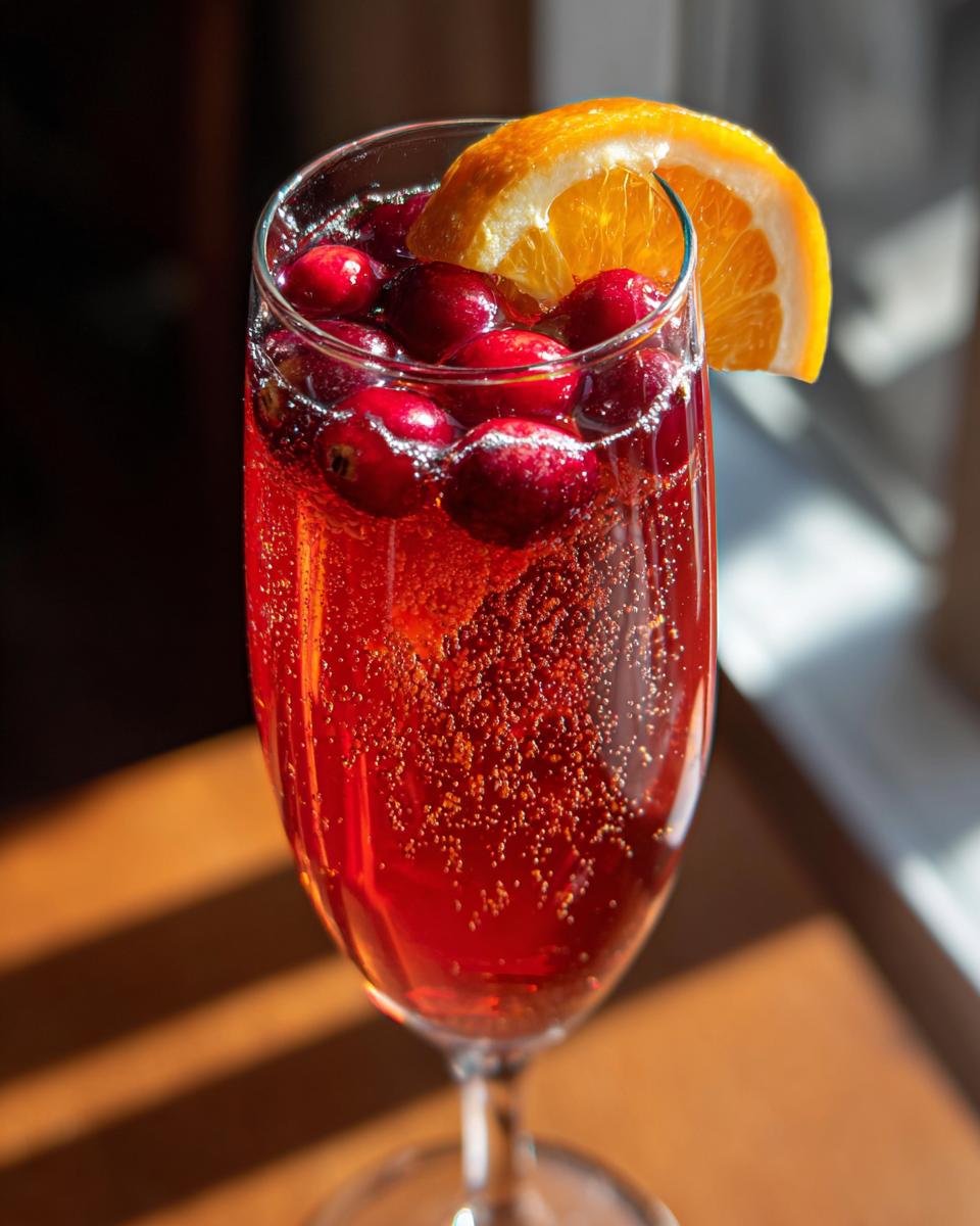 A festive Christmas Cranberry Mimosa in a champagne flute, garnished with fresh cranberries and an orange slice.