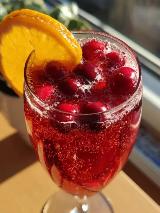 A festive Christmas Cranberry Mimosa cocktail garnished with fresh cranberries and an orange slice.