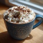 A festive Christmas Gingerbread Latte topped with whipped cream and a sprinkle of cinnamon in a decorative blue mug.