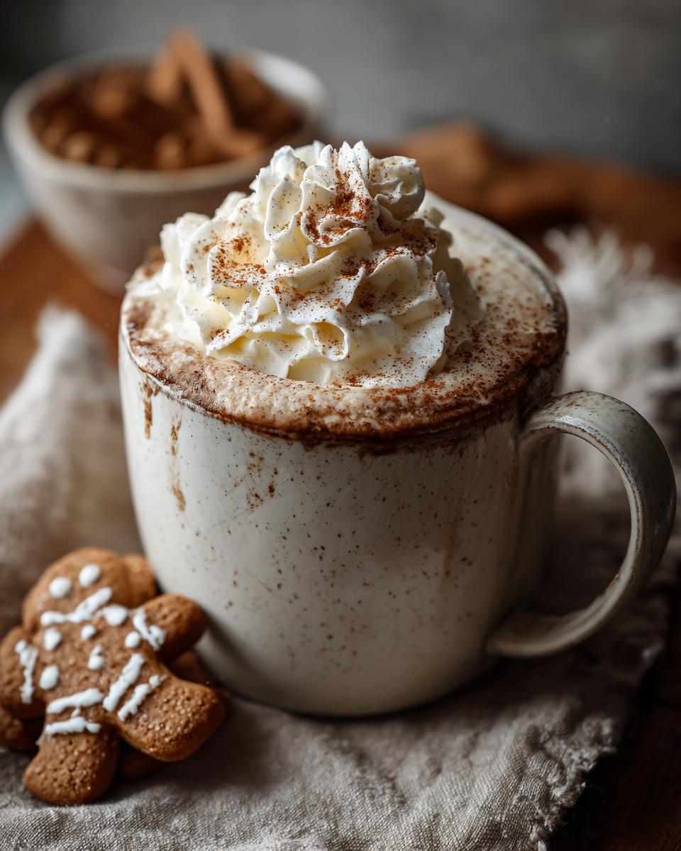 A close-up of a Christmas Gingerbread Latte topped with whipped cream and cinnamon, with gingerbread cookies nearby.