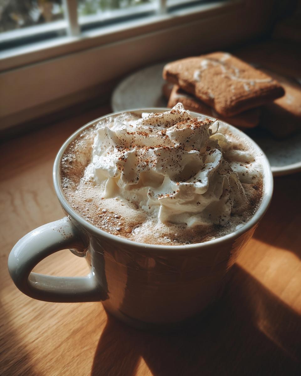 A close-up of a Christmas Gingerbread Latte topped with whipped cream and a sprinkle of cinnamon.