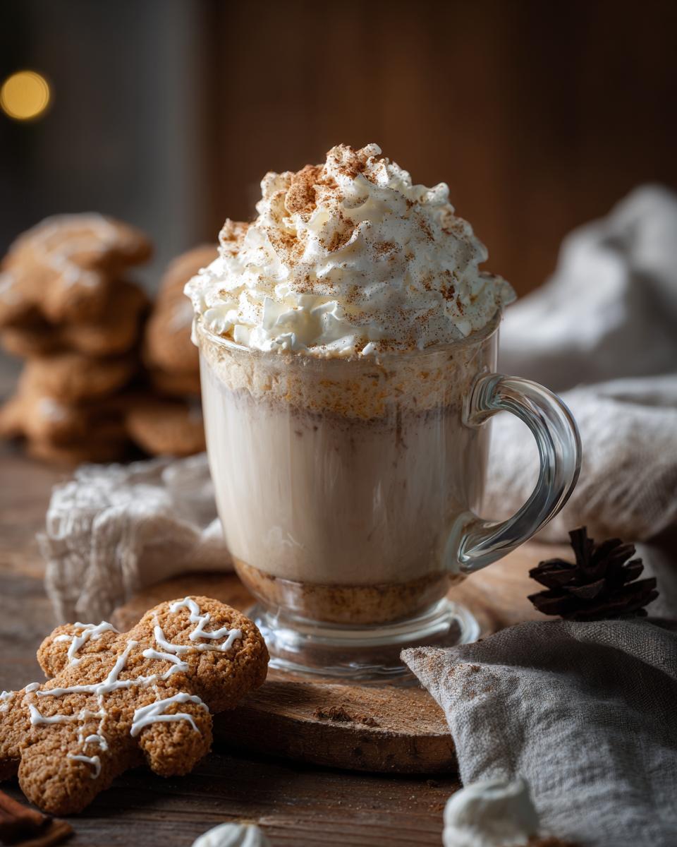 A festive Christmas Gingerbread Latte topped with whipped cream and cinnamon, served with gingerbread cookies.