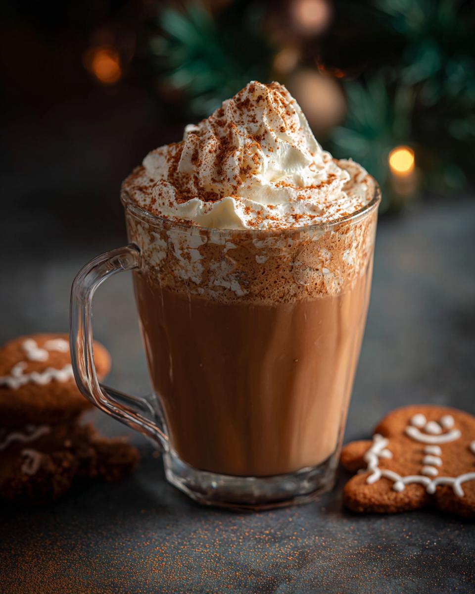 A festive Christmas Gingerbread Latte topped with whipped cream and cinnamon, served with gingerbread cookies.