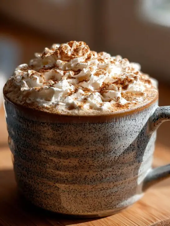 A festive Christmas Gingerbread Latte topped with fluffy whipped cream and a sprinkle of cinnamon.