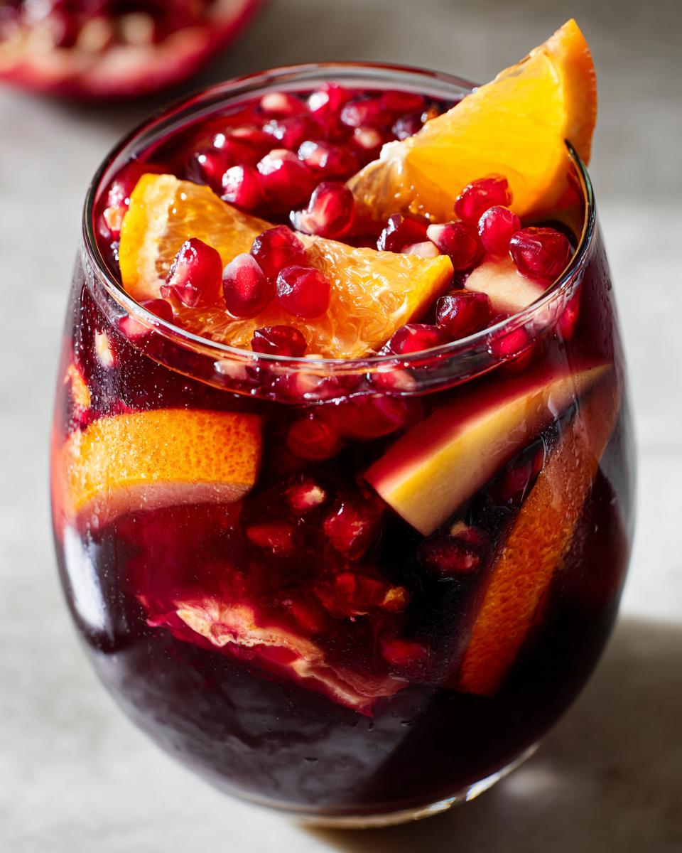 A close-up of a glass filled with Christmas Holiday Sangria, featuring pomegranate seeds, orange slices, and apple chunks.