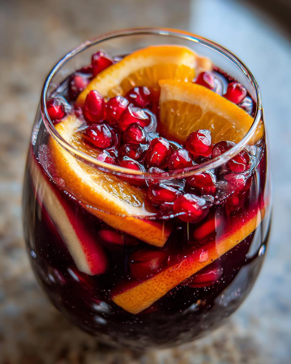 Close-up of a glass of Christmas Holiday Sangria with pomegranate seeds and orange slices.