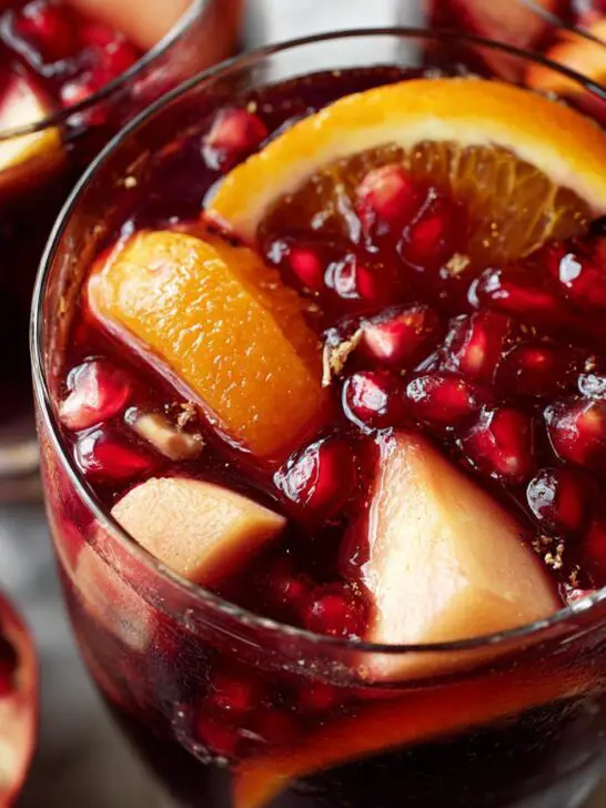 Close-up of a glass filled with Christmas Holiday Sangria, featuring fresh pomegranate seeds, orange slices, and pear chunks.