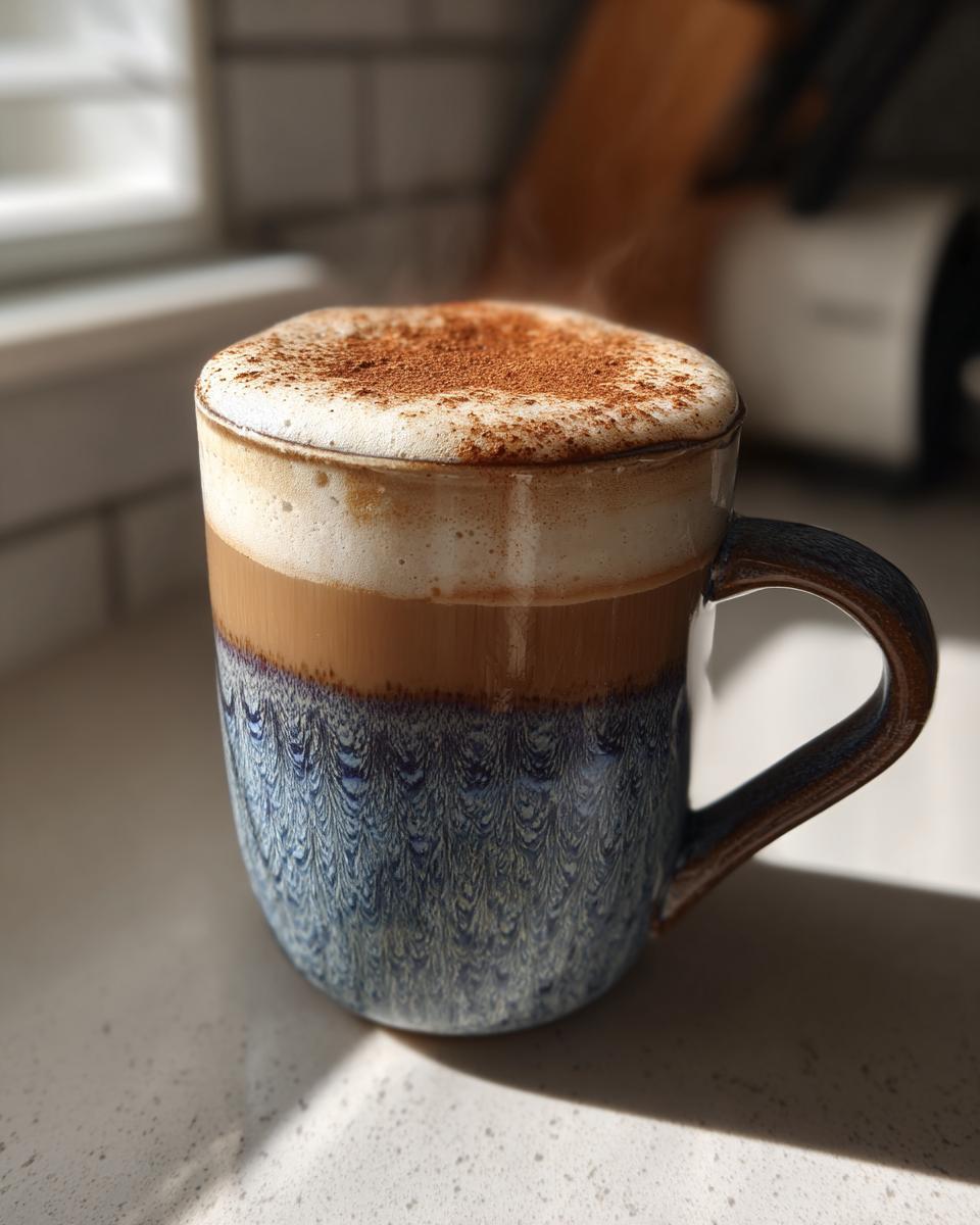 Close-up of a steaming mug of Christmas Hot Buttered Rum, topped with frothy cream and a sprinkle of cinnamon.