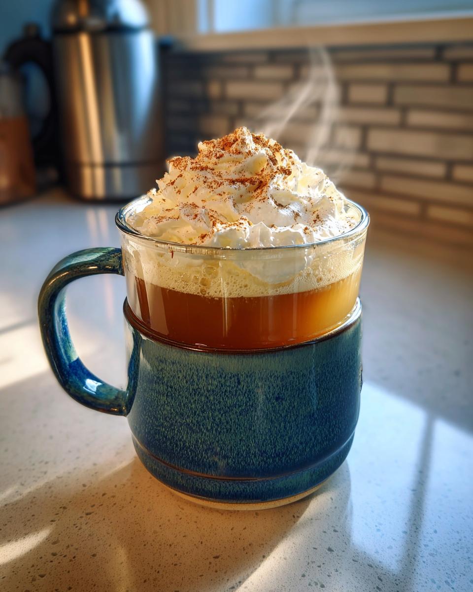 A steaming mug of Christmas Hot Buttered Rum topped with whipped cream and cinnamon.