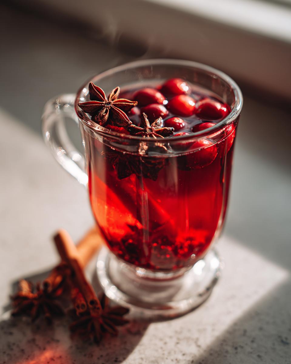 A steaming glass of Christmas Mulled Cranberry Cider, garnished with star anise and cranberries, with cinnamon sticks nearby.