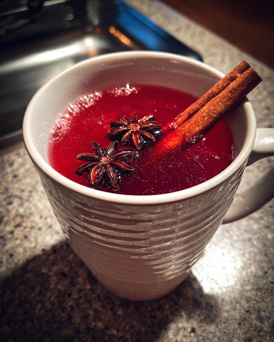 A close-up of a white mug filled with Christmas Mulled Cranberry Cider, garnished with cinnamon sticks and star anise.