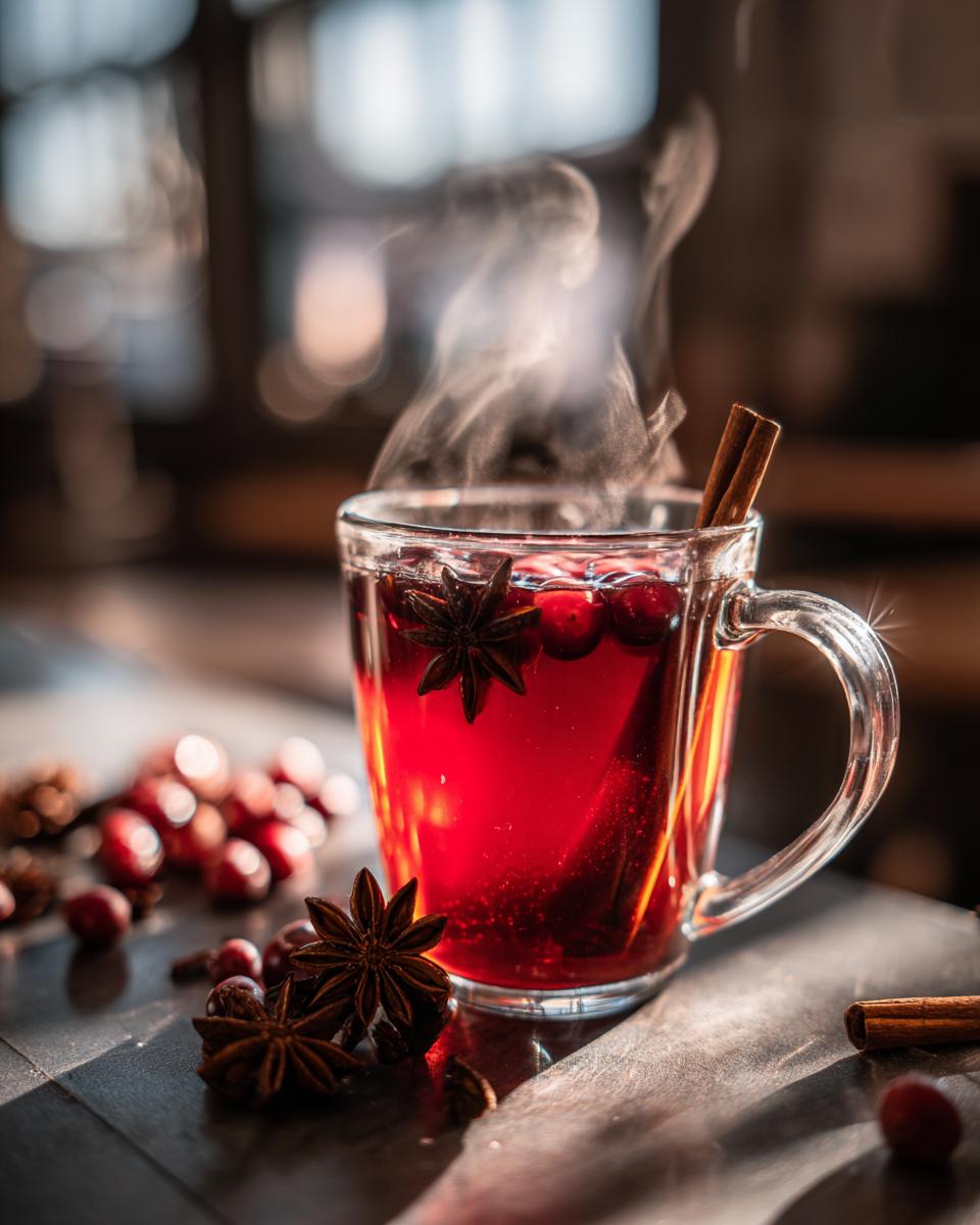 A steaming mug of Christmas Mulled Cranberry Cider, garnished with cranberries, star anise, and a cinnamon stick.