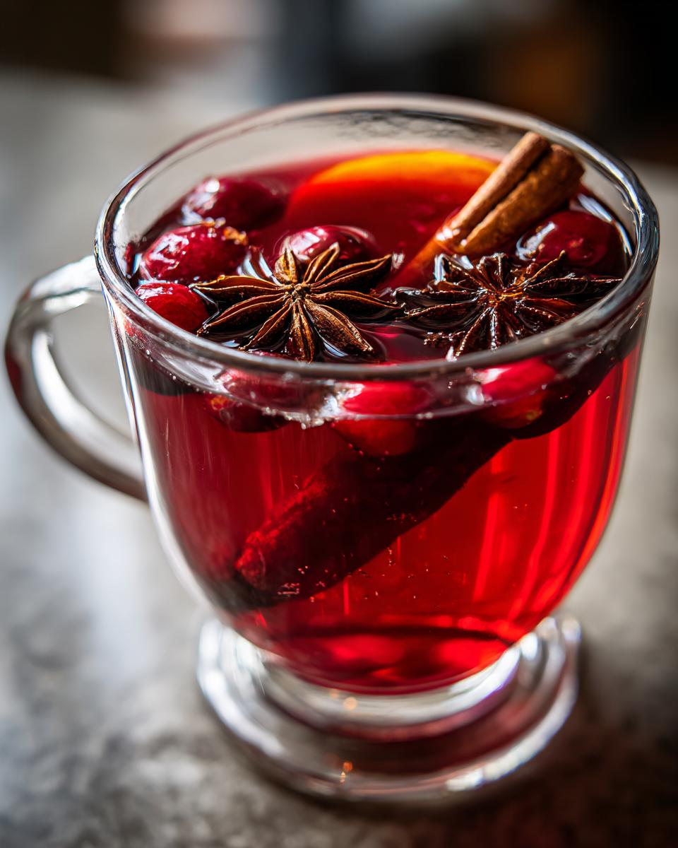 A close-up of Christmas Mulled Cranberry Cider in a glass mug, featuring cranberries, star anise, and a cinnamon stick.