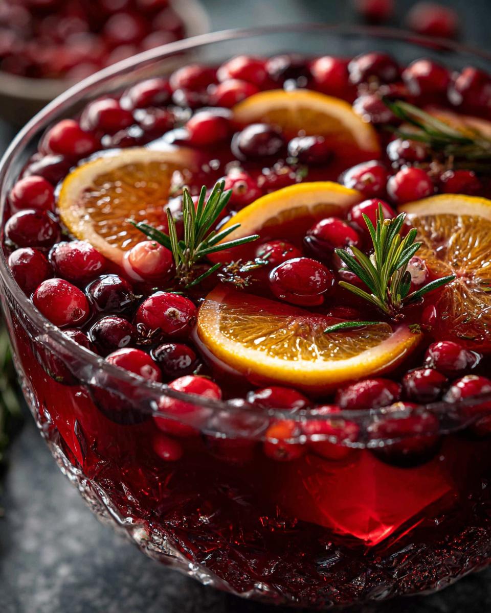 A close-up of a clear glass bowl filled with vibrant red Christmas Party Punch, garnished with fresh cranberries, orange slices, and rosemary sprigs.