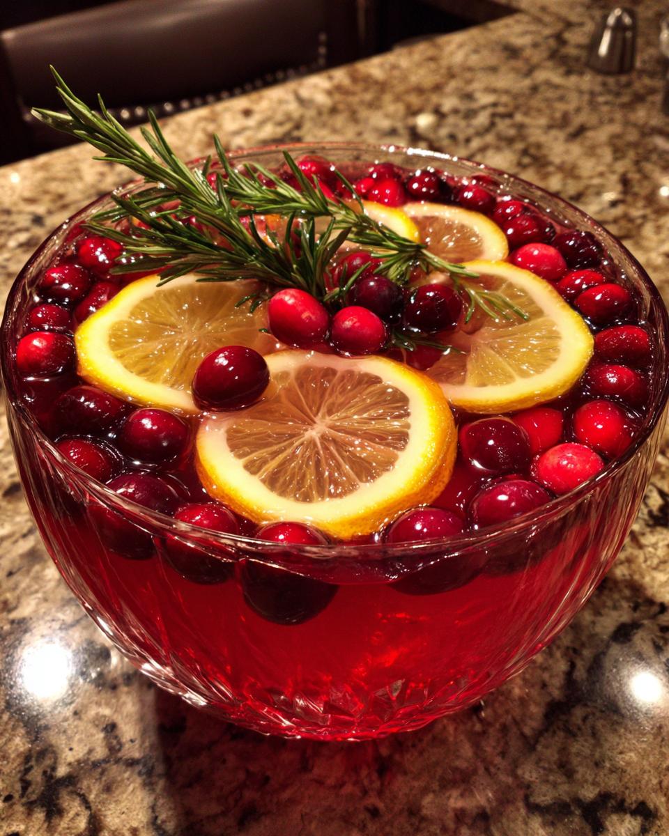 A beautiful crystal bowl filled with Christmas Party Punch, garnished with lemon slices, cranberries, and rosemary.