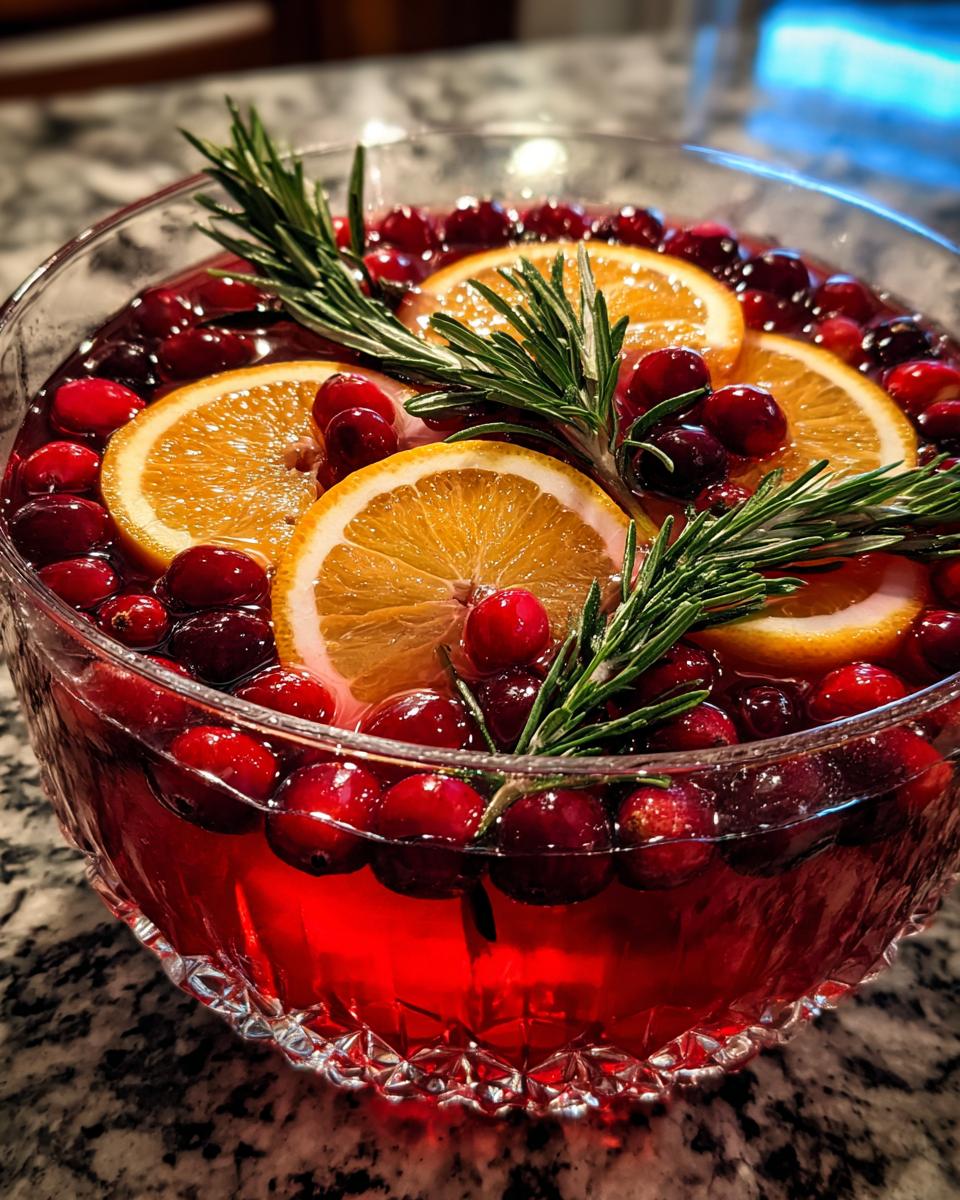 A festive Christmas Party Punch in a crystal bowl, garnished with fresh oranges, cranberries, and rosemary sprigs.