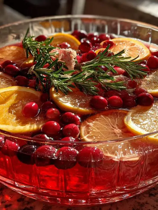 A festive Christmas Party Punch in a glass bowl, filled with cranberries, orange slices, and rosemary.