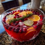 A beautiful glass bowl filled with vibrant red Christmas Party Punch, garnished with fresh cranberries, orange slices, lime slices, and rosemary.