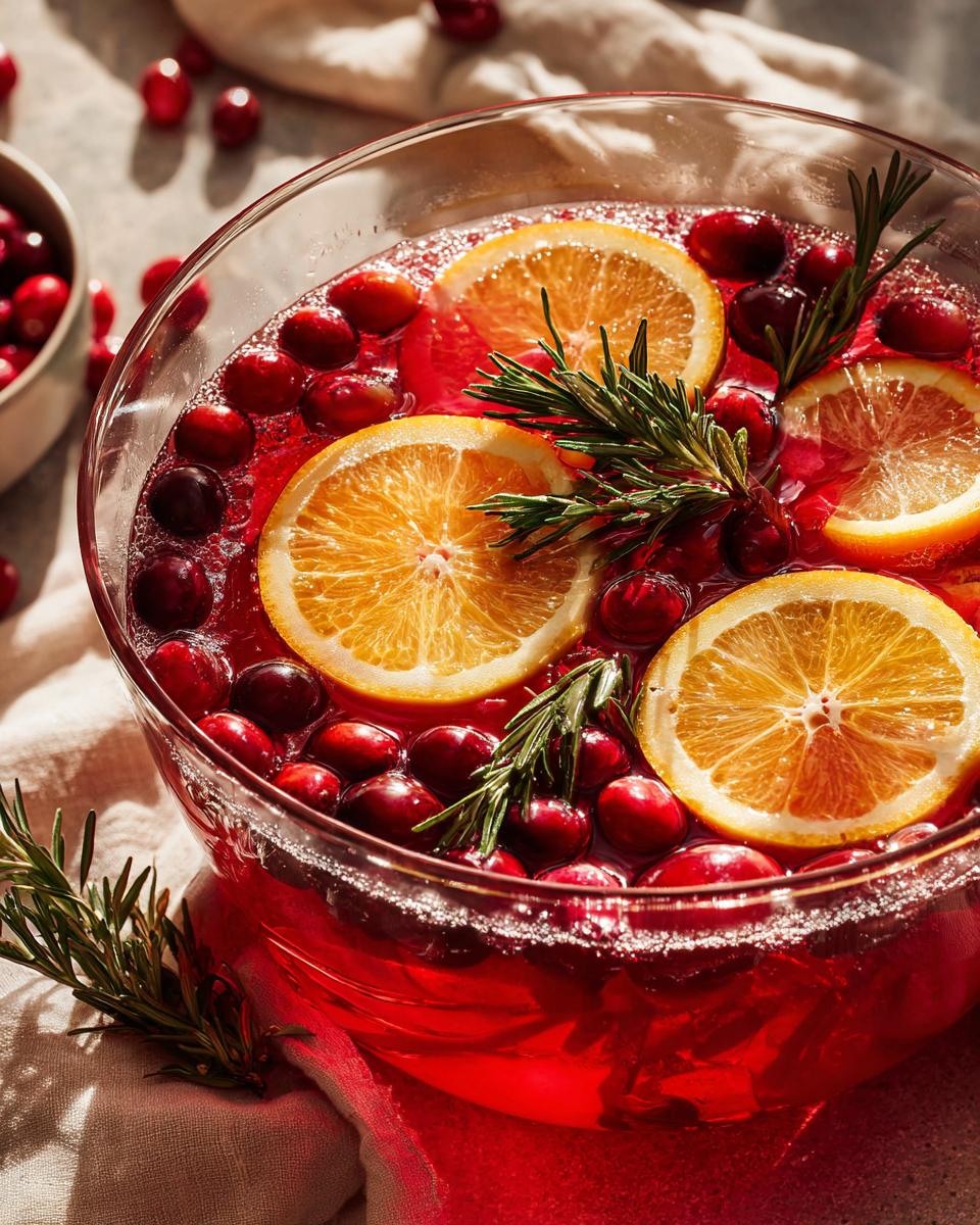 A close-up of a vibrant Christmas Party Punch in a glass bowl, garnished with fresh orange slices, cranberries, and rosemary sprigs.