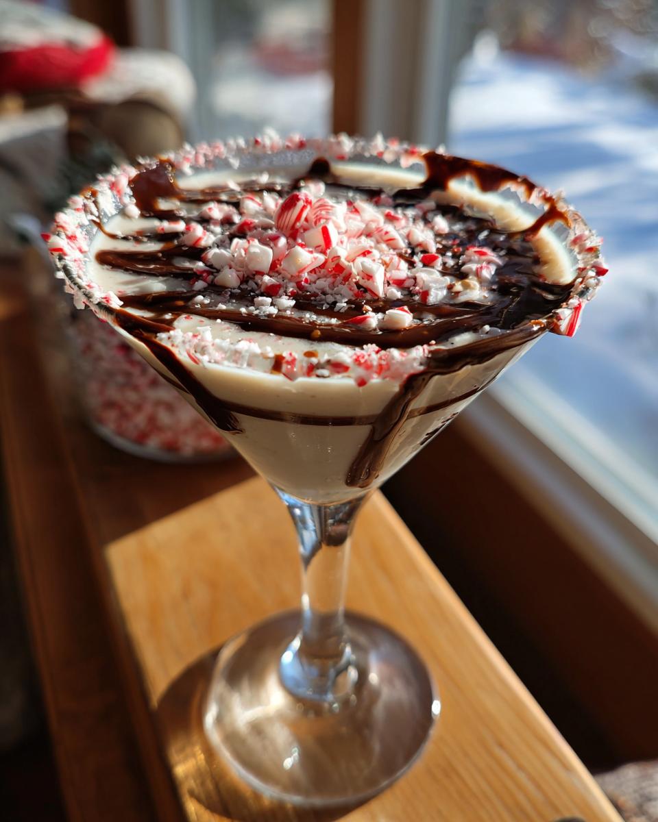 A festive Christmas Peppermint Bark Martini, rimmed with crushed candy canes and drizzled with chocolate syrup.