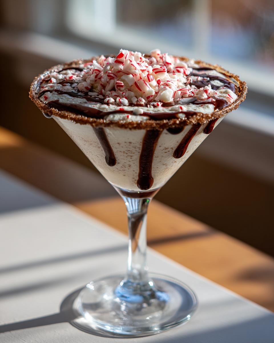 A festive Christmas Peppermint Bark Martini in a chocolate-rimmed glass, topped with crushed candy canes and chocolate drizzle.