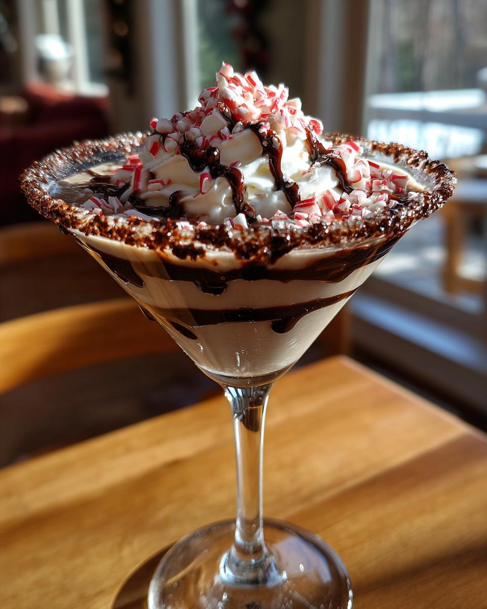 A festive Christmas Peppermint Bark Martini topped with whipped cream, chocolate drizzle, and crushed candy canes.