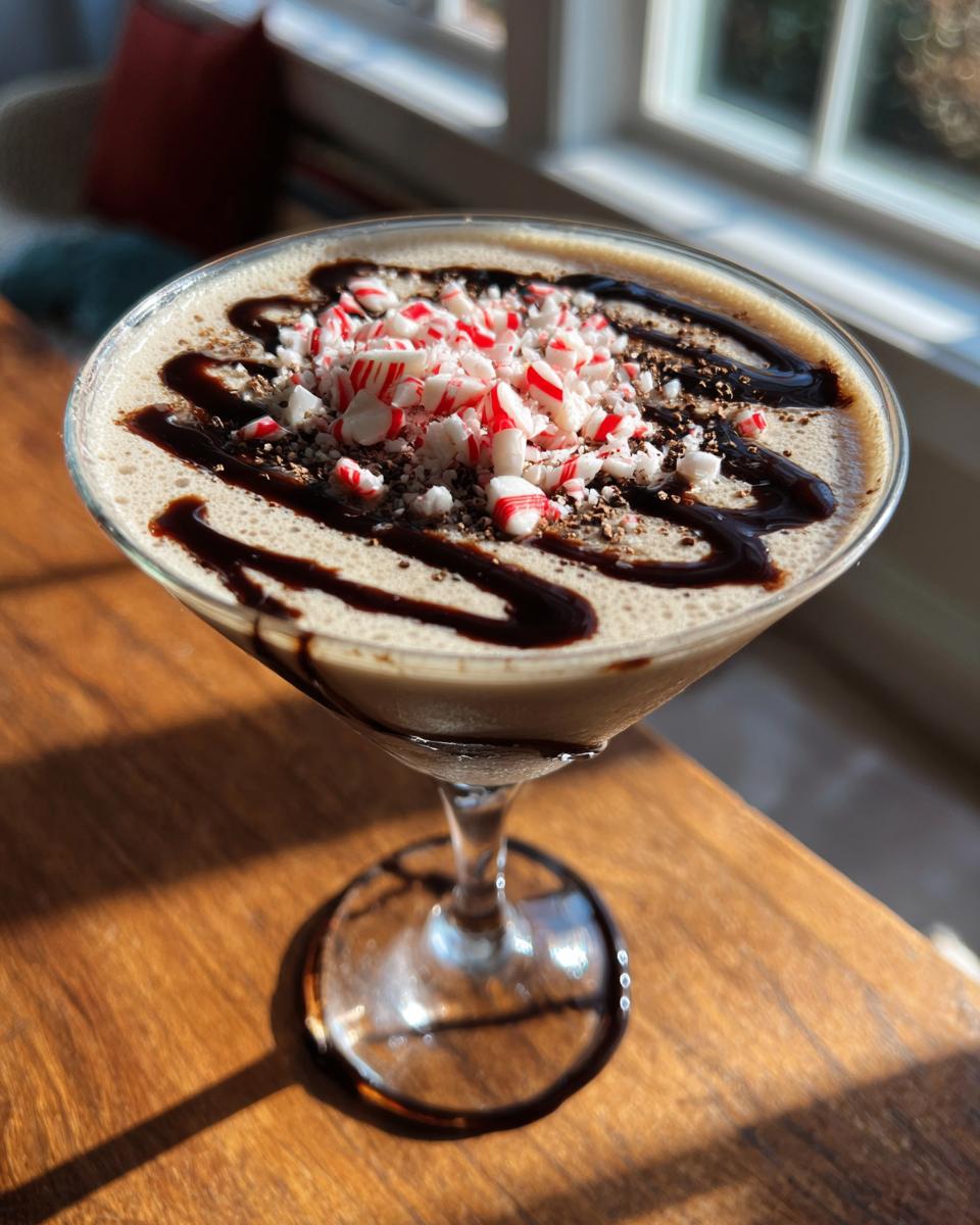A festive Christmas Peppermint Bark Martini topped with crushed candy canes and chocolate drizzle.
