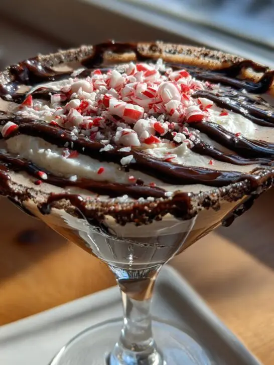 A festive Christmas Peppermint Bark Martini garnished with crushed candy canes and chocolate drizzle.
